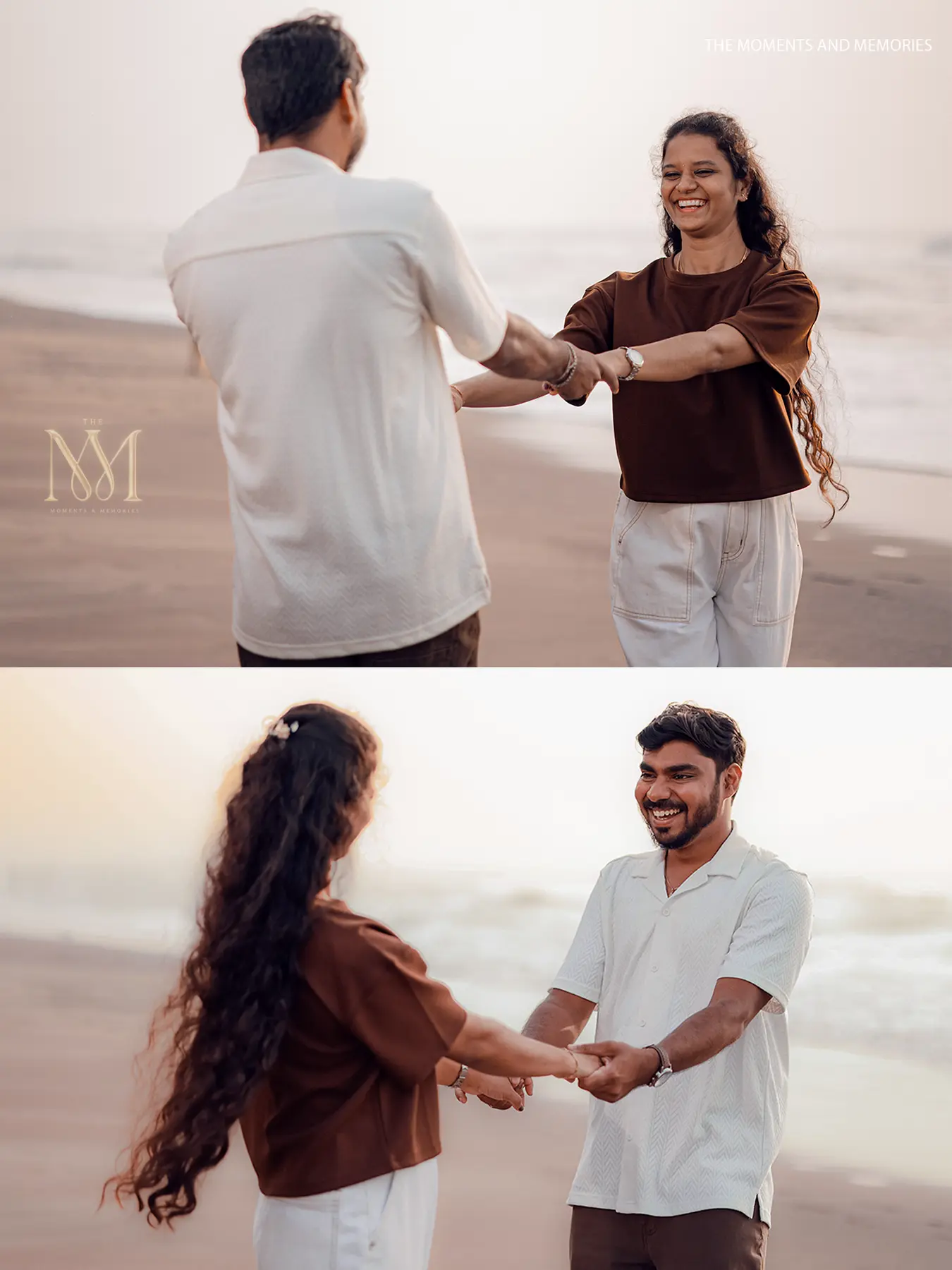 Couple twirling and laughing barefoot on the sand