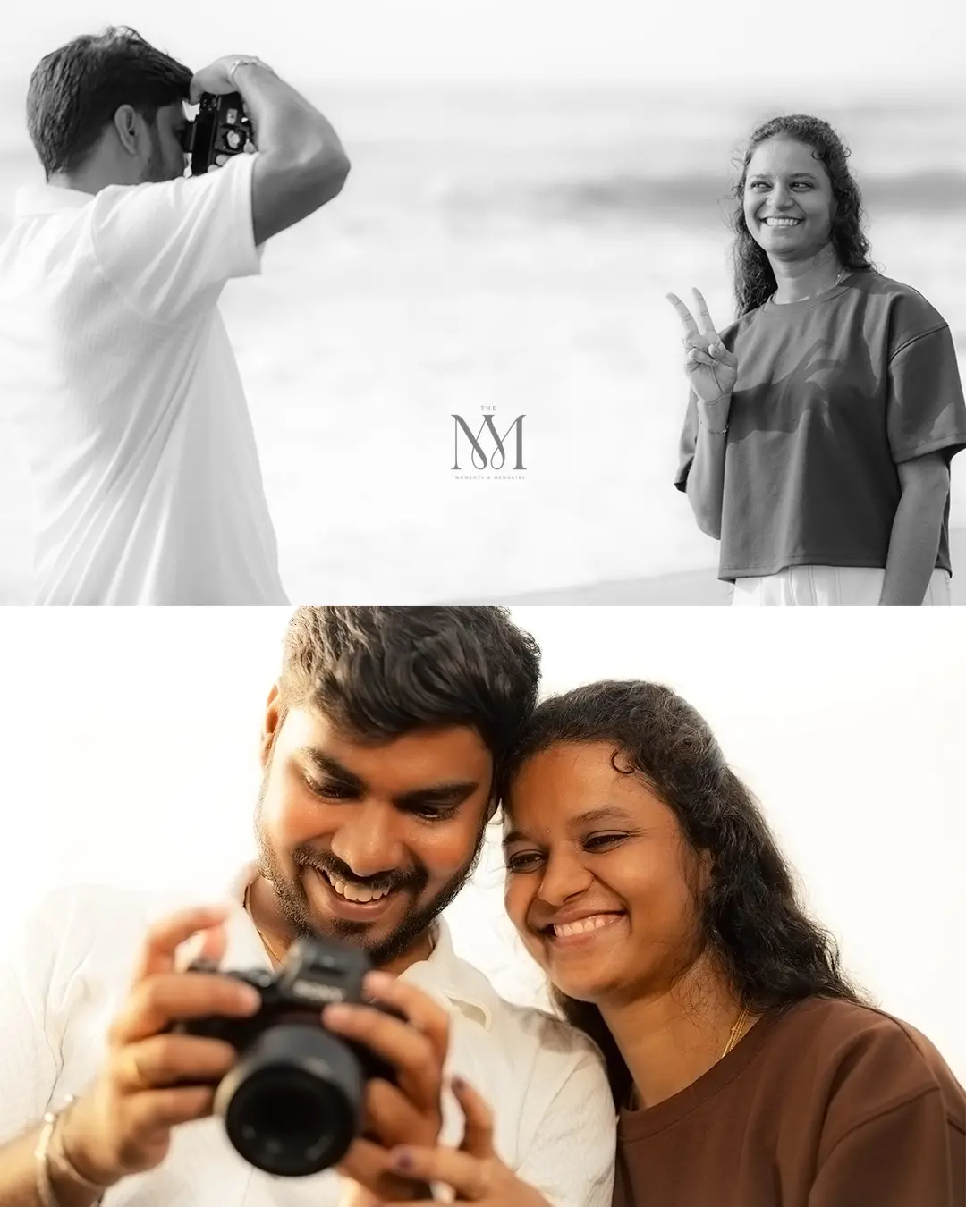 Behind-the-scenes candid black and white photography moment