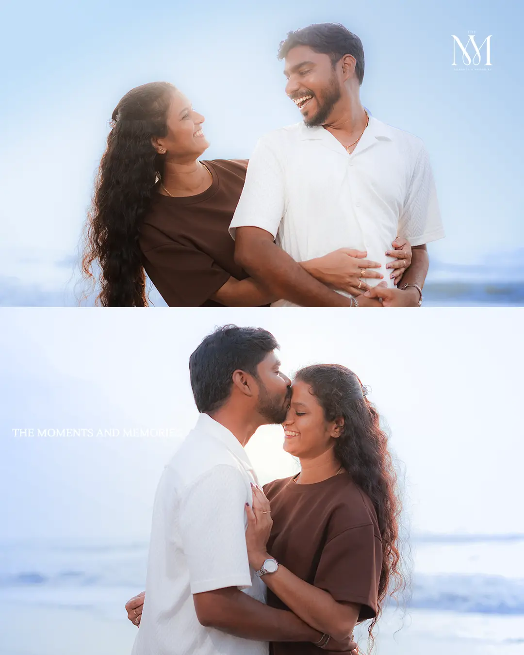 Couple laughing and embracing on the beach at sunset